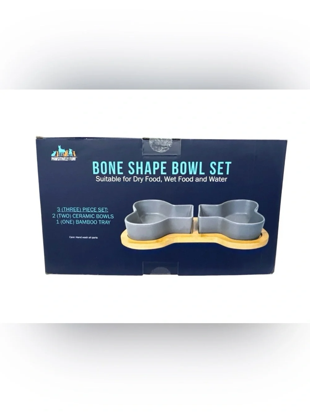 Grey Bone Shape Pet Bowl Set with Bamboo Tray - Suitable for Food & Water